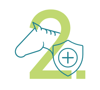 Ein Icon mit dem Kopf eines Pferdes und einem Schild mit einer grünen Zwei als Zahl.